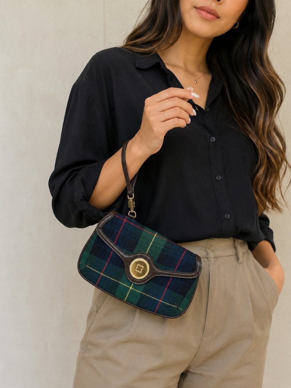Liz Claiborne New York Plaid Wristlet Clutch Green Navy Tartan Preppy NWT
